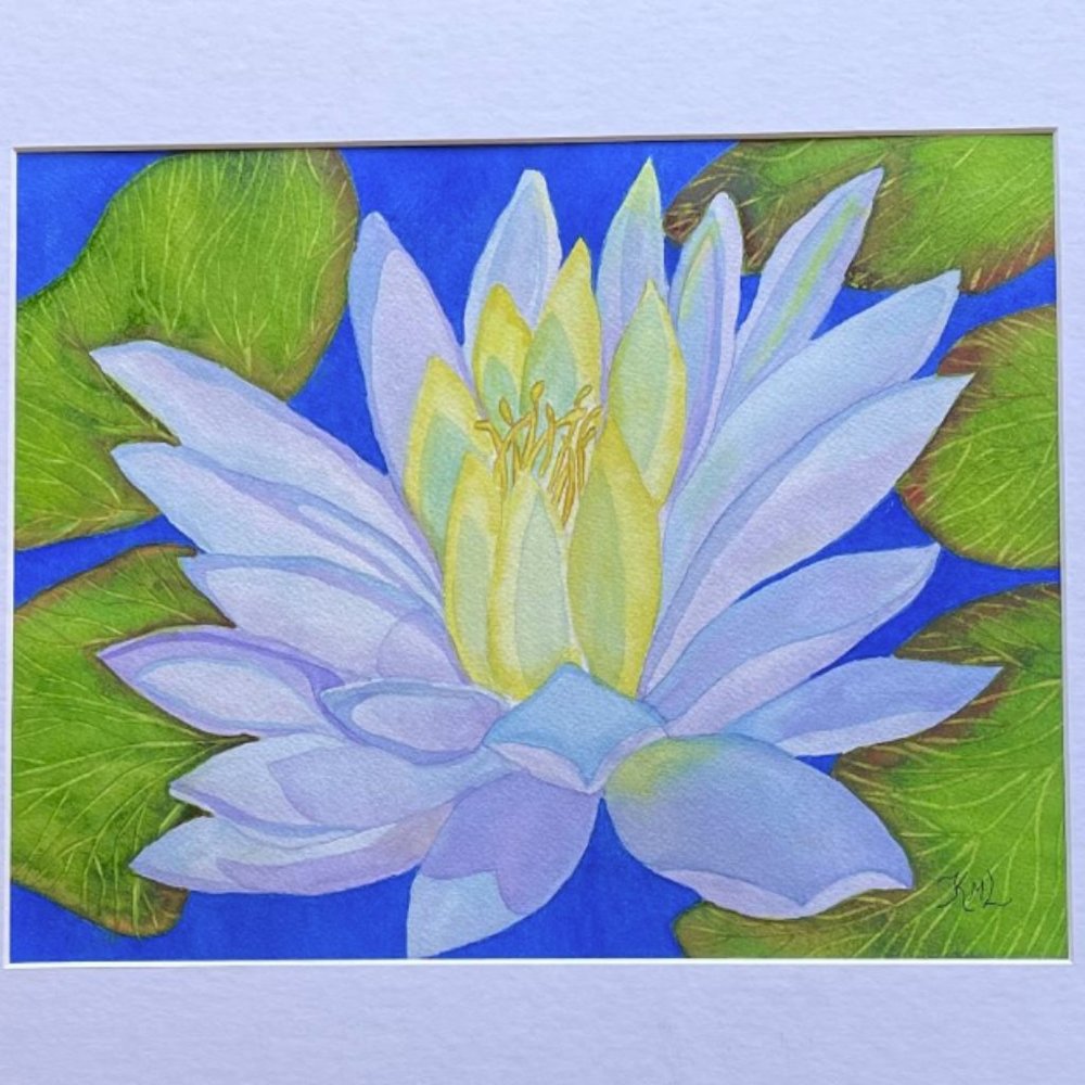 PAINTING WATERCOLOR ORIGINAL ART WATER LILY FLOWERS BLUE PURPLE 11X14 MAT 16X20